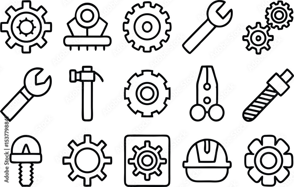 Fototapeta premium Collection of mechanical engineering outline icons and tools isolated on transparent background