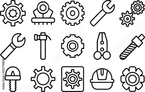 Collection of mechanical engineering outline icons and tools isolated on transparent background