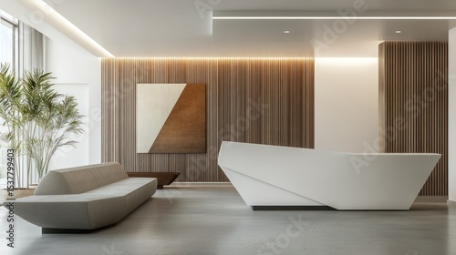 Bright, modern lobby with a unique white reception desk and wood paneling backdrop