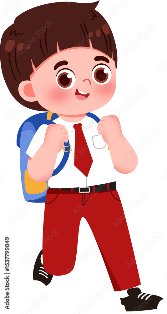 Animated schoolboy with backpack, red tie and pants, cheerful expression. Animated schoolboy with backpack, red tie and pants, cheerful expression.
