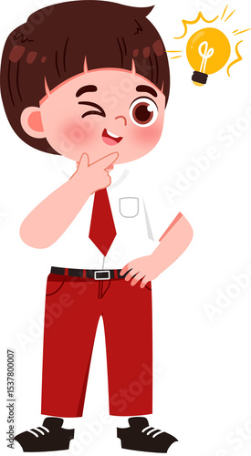 Cartoon Boy Thinking, Lightbulb Idea, Winking, Red and White School Uniform