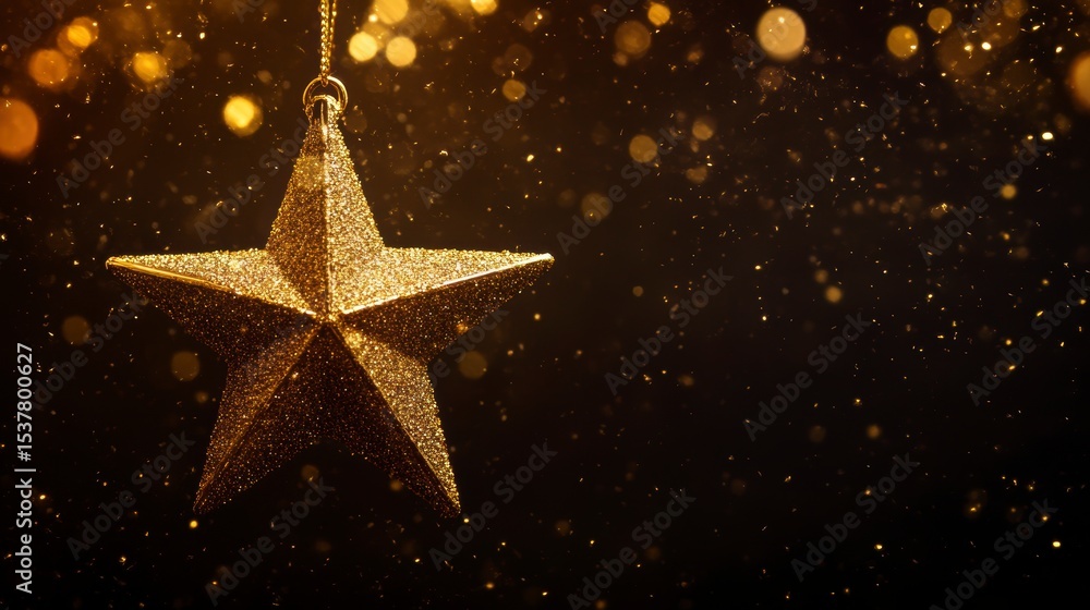 Golden star ornament hanging against a dark background with bokeh lights and glitter. Golden star ornament hanging against a dark background with bokeh lights and glitter.