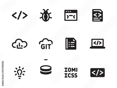 Set of Modern Web Development and Programming Icons, a collection of black and white icons, representing various essential aspects of web development and programming vector art on white