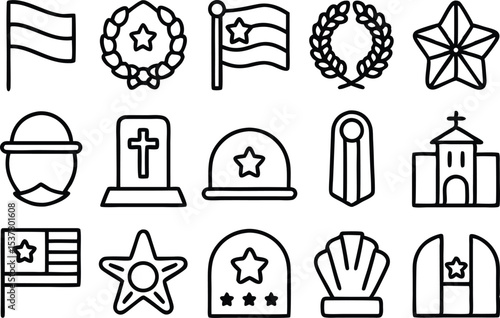 Memorial day commemorative ceremony icons and symbols set isolated on transparent background