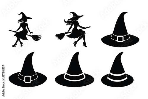 Vector illustration of witches on broomsticks and witch hats for halloween decorations