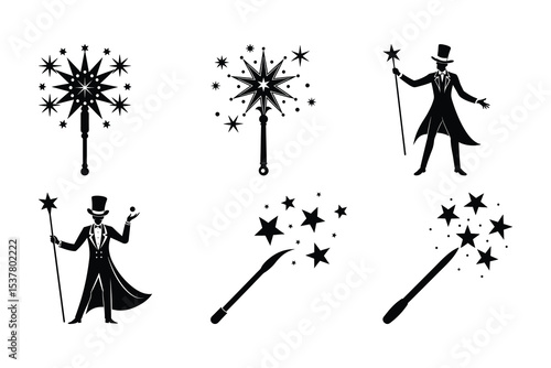 Black and white magic wand and magician illustrations for magical entertainment designs