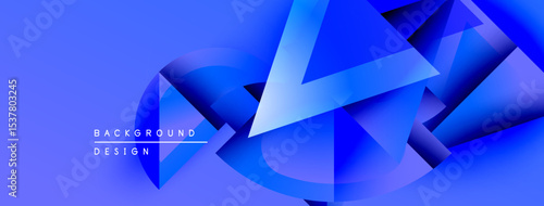 Abstract blue shapes overlap, creating dynamic visual effect. Gradient background enhances depth, modern design aesthetic.
