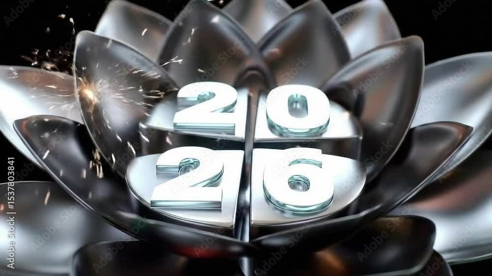 Generative ai motion animation of a glass-topped numerals “2026” nested at its core of a futuristic metallic petals lotus