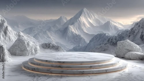 Marble podium with golden accents showcases snowy mountain scenery in a serene, dreamlike setting