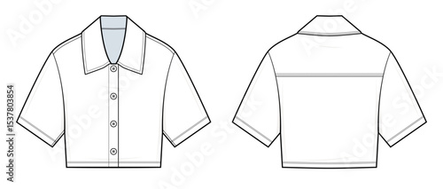 Minimal Cropped Shirt Technical Fashion Illustration. Button-Up Short Sleeve Shirt Vector Template. Front and Back View. Clean Yoke Detail. Boxy Fit. Women’s Wear. CAD Mockup Set.
