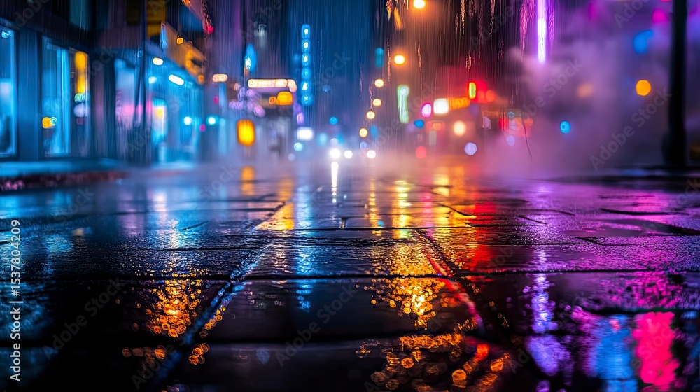 Obraz premium Night city street, wet pavement, colorful lights