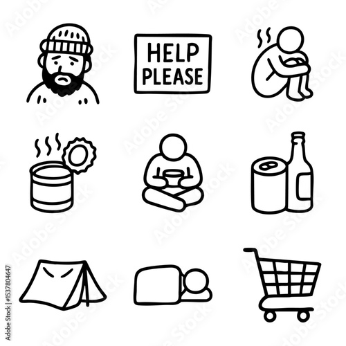 A set of doodle line icons depicting homelessness, poverty, hunger, street life, and the need for social support and shelter