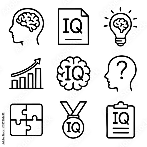 A set of doodle line icons representing IQ, brainpower, intelligence testing, mental ability, cognitive skills, puzzles, and performance