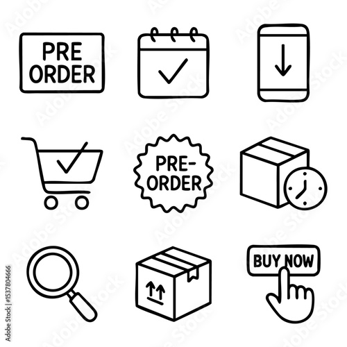 A set of doodle line icons showing pre-order, e-commerce, delivery boxes, shopping carts, and digital purchase actions