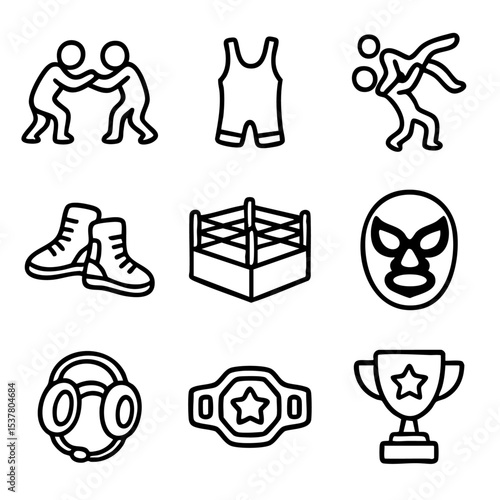 A set of doodle line icons representing wrestling, combat sports, championship gear, masks, rings, trophies, and announcer equipment
