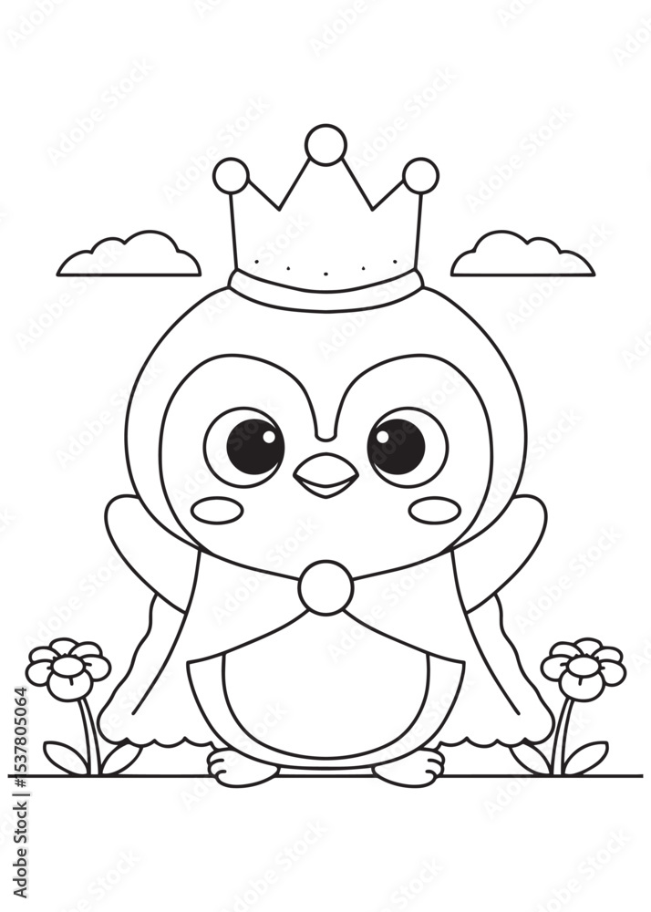 Fototapeta premium Coloring book penguin wearing a crown and cape, looking majestic among sweet flowers