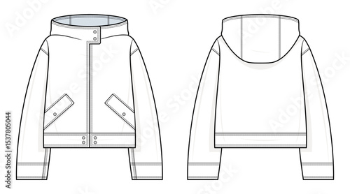 Hooded Snap-Front Jacket Technical Fashion Illustration. Cropped Jacket with Angled Flap Pockets Vector Template. Relaxed Fit. Adjustable Hem Tabs. Women’s Outerwear. CAD Mockup Set.