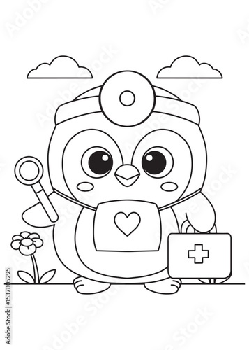 Coloring book penguin dressed as a doctor with a head mirror and medical bag, ready to help