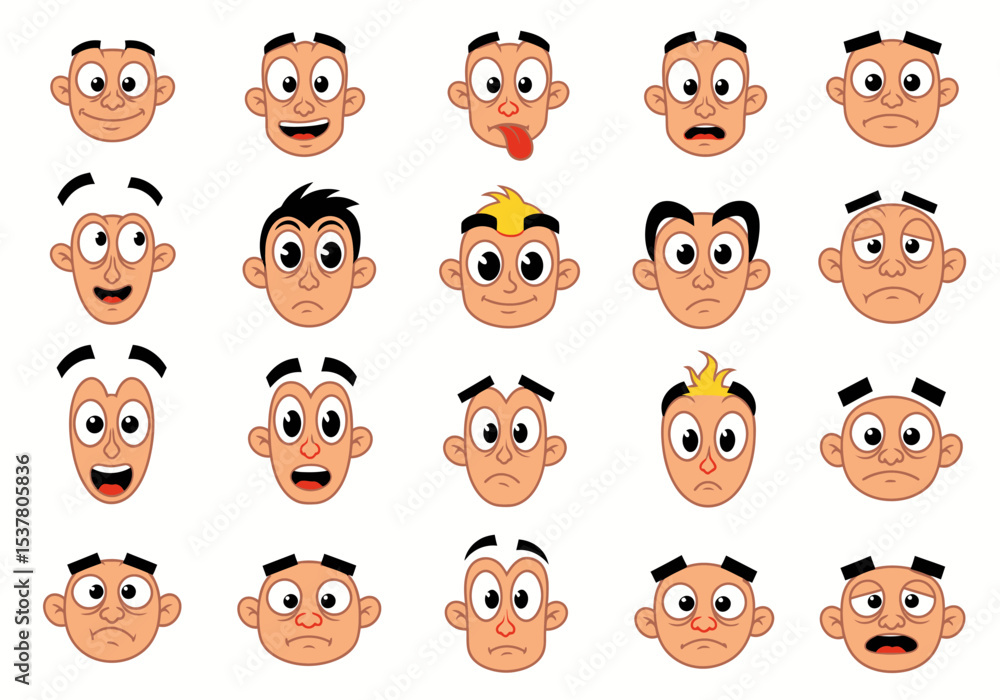 Collection of Cartoon Male Faces with Diverse Emotions Collection of Cartoon Male Faces with Diverse Emotions