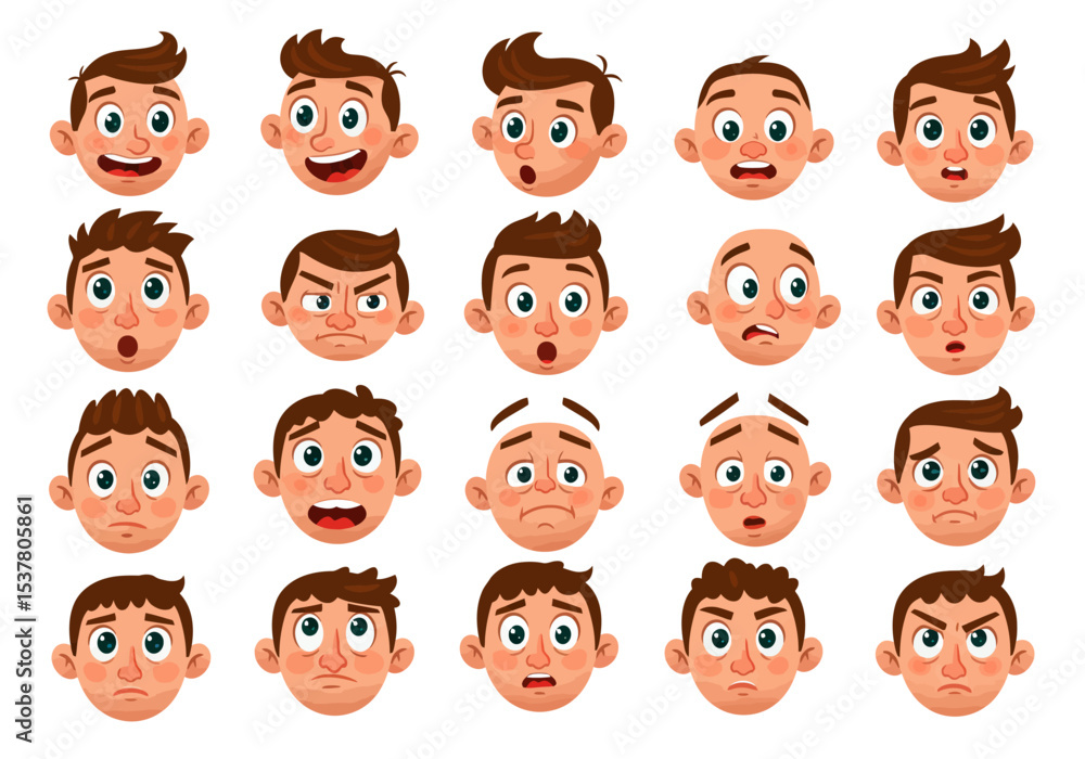 Collection of Cartoon Male Faces with Diverse Emotions Collection of Cartoon Male Faces with Diverse Emotions
