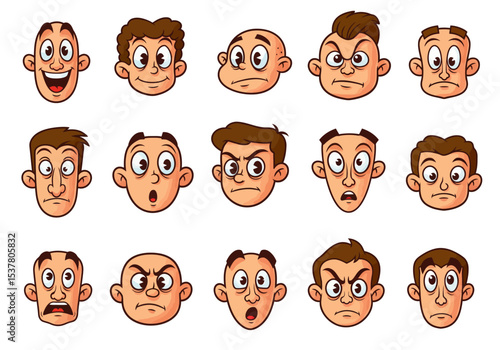 Collection of Cartoon Male Faces with Diverse Emotions