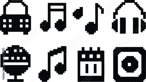 Pixel art music icon grid set featuring various musical instruments isolated on transparent background