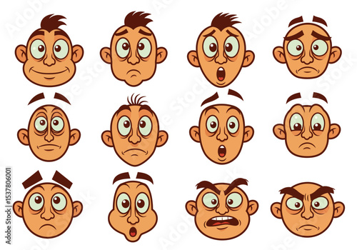 Collection of Cartoon Male Faces with Diverse Emotions