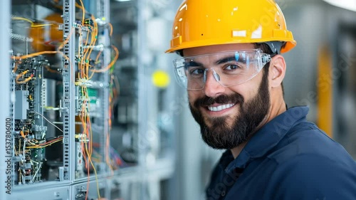 Engineer man wearing safety helmet and safety glasses inspects electrical panel and wiring, demonstrating industrial technology and maintenance expertise, adjusting wires and network cables with