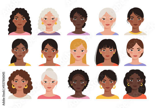 Collection of stylized female portraits highlighting a range of ethnicities.