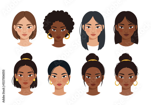 Collection of stylized female portraits highlighting a range of ethnicities.