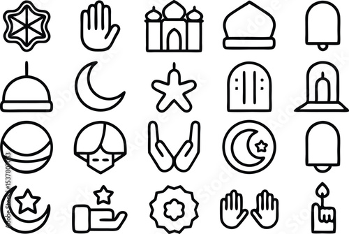 Islamic prayer icon set for ramadan observance isolated on transparent background