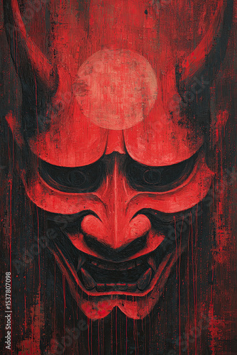 Red demon mask, horror Japanese style painting, textured background, intense emotion