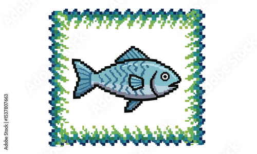 Pixel Art Fish with Seaweed Border, A charming pixel art illustration of a light blue fish with striped scales, framed by a decorative border resembling green and blue seaweed or aquatic plants.