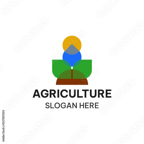 Agriculture logo with four elements such as soil, leaf, water, and sun. Creative logo for agriculture
