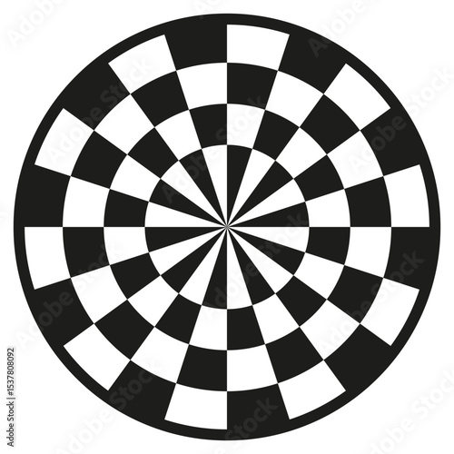 Circular chess board. Round checkered pattern. Vector game design. Black white alternating.