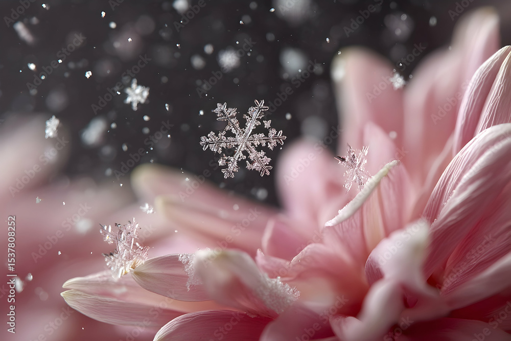 Fototapeta premium Delicate snowflakes dance around a vibrant pink flower.
