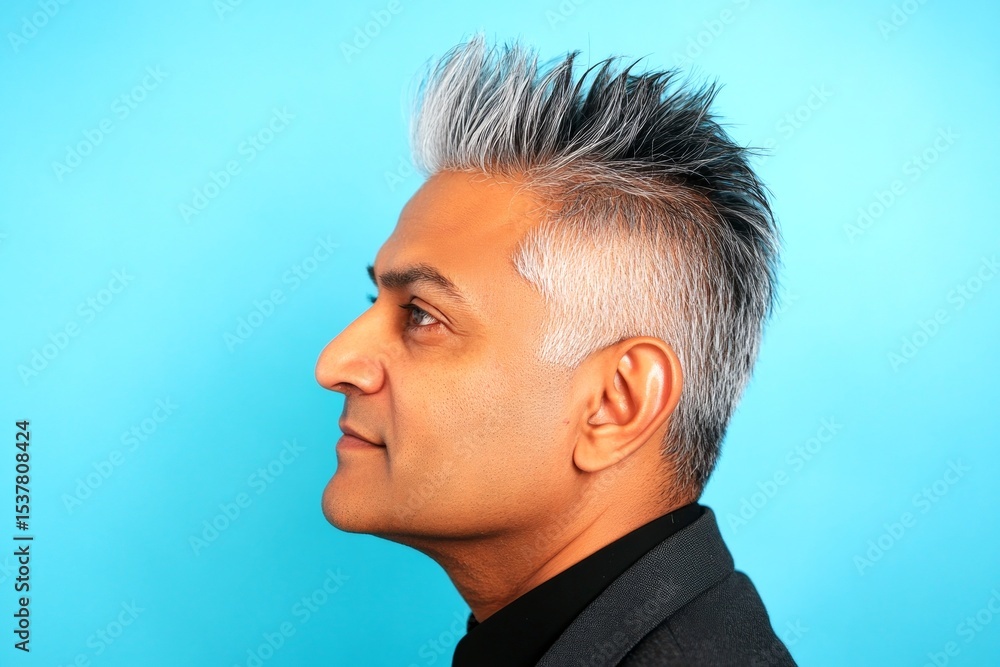Fototapeta premium A trendy man showcasing a fashionable hairstyle. Elegant men's spiky hair haircut - midlife indian man with short hair. Blue solid background. Conceptual art of style for aging men.