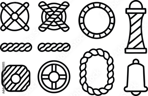 Nautical rope outline icons set isolated on transparent background