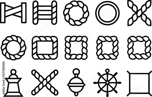 Nautical rope outline icon set collection featuring various nautical rope designs isolated on transparent background