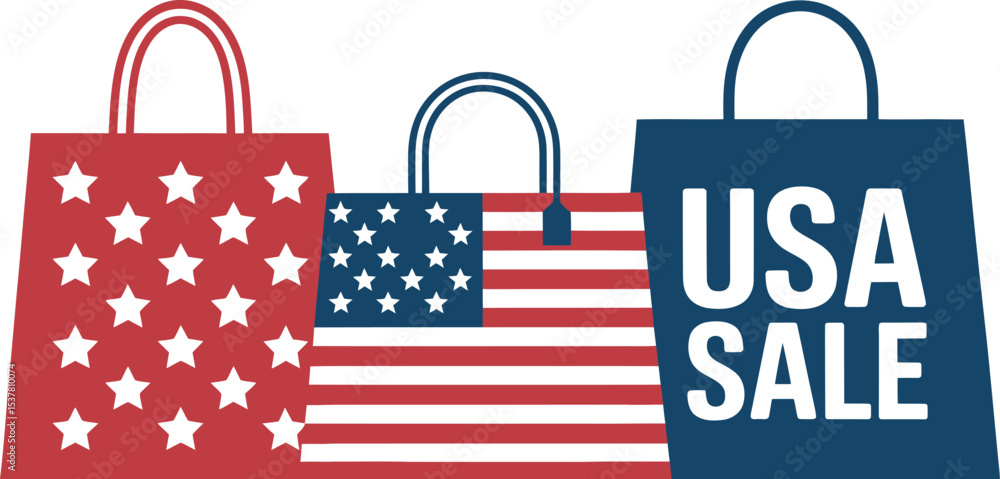 Fototapeta premium Usa independence day sale shopping bags patriotic american flag retail discount offer promotion holiday event 4th july editable stock vector illustration
