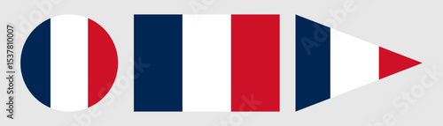French flag set in various shapes including circle, rectangle, and triangle pennant. Tricolor blue, white, red patriotic design for France national symbol, travel, celebration