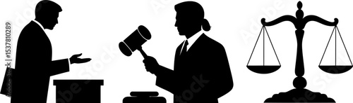 Courtroom judge gavel justice system law legal scales lawyer advocate defendant attorney verdict 100 char editable stock vector illustration