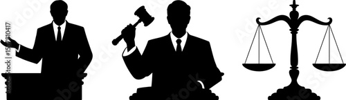 Courtroom law judge gavel justice system legal attorney lawyer scales silhouette illustration editable stock vector illustration