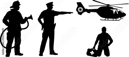 Silhouette emergency services firefighter police officer paramedic helicopter vector design editable stock vector illustration