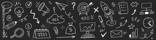 Chalk business board sketch icon set. Hand drawn chalkboard frame, bulb, puzzle and arrow for plan marketing idea. Business chart, pencil drawing, office success and internet. Vector illustration