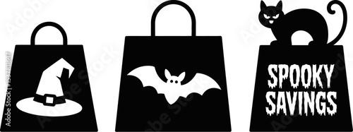 Halloween shopping bags spooky savings black cat witch hat and bat vector graphic design illustration editable stock vector illustration