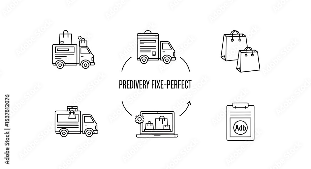 Illustration showing delivery process: trucks, shopping bags, laptop, and clipboard, all connected in a cycle. Illustration showing delivery process: trucks, shopping bags, laptop, and clipboard, all connected in a cycle.