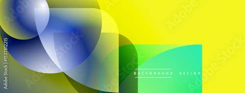 Abstract shapes overlap, creating vibrant color gradients. Yellow dominates right side, blue left. Modern design elements present.