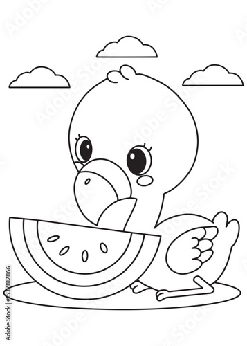 Coloring book flamingo happily holding a juicy slice of watermelon