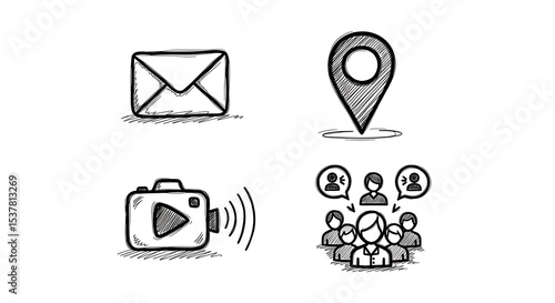 Hand-drawn icons representing communication, location, media, and social interaction.